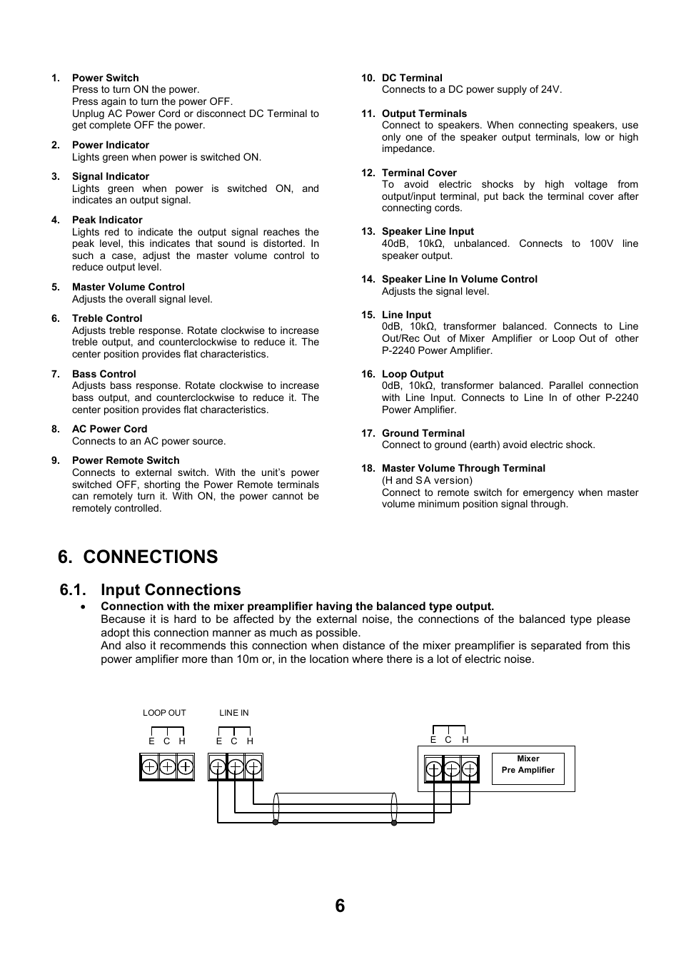 Connections, Inpu, T connections | Toa P-2240 SA User Manual | Page 6 / 12