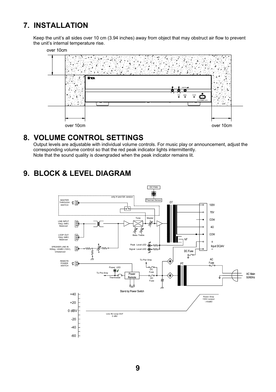 Installation, Volume control settings, Block & level diagram | Toa P-2240 SA User Manual | Page 9 / 12
