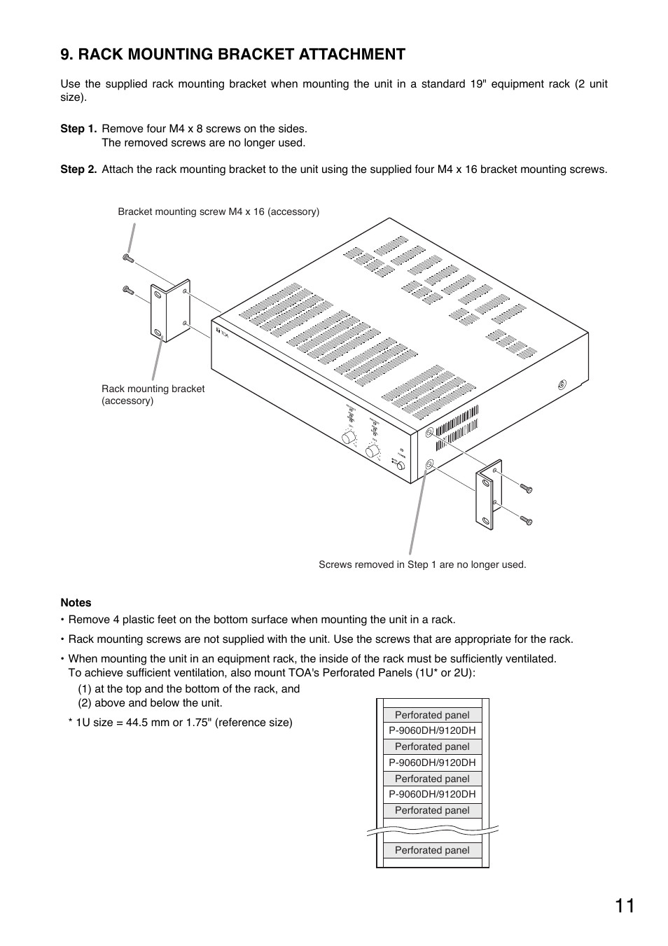 Rack mounting bracket attachment | Toa P-9120DH User Manual | Page 11 / 16