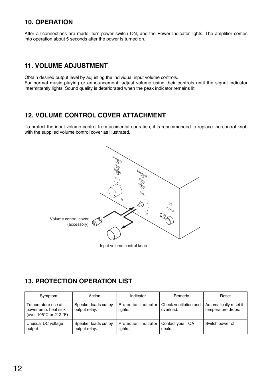 Operation, Volume adjustment, Volume control cover attachment | Protection operation list | Toa P-9120DH User Manual | Page 12 / 16