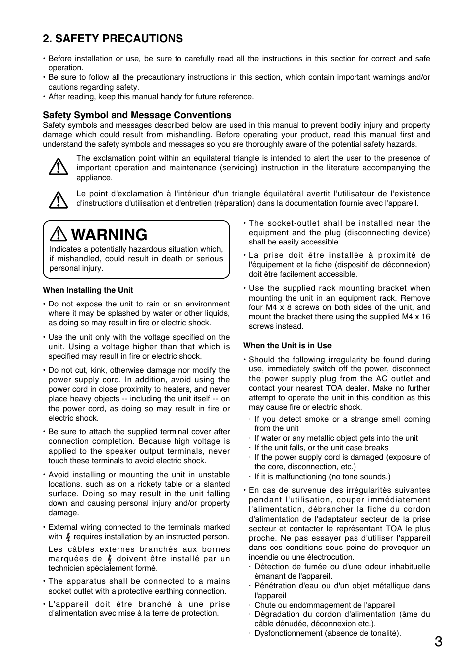 Warning, Safety precautions | Toa P-9120DH User Manual | Page 3 / 16