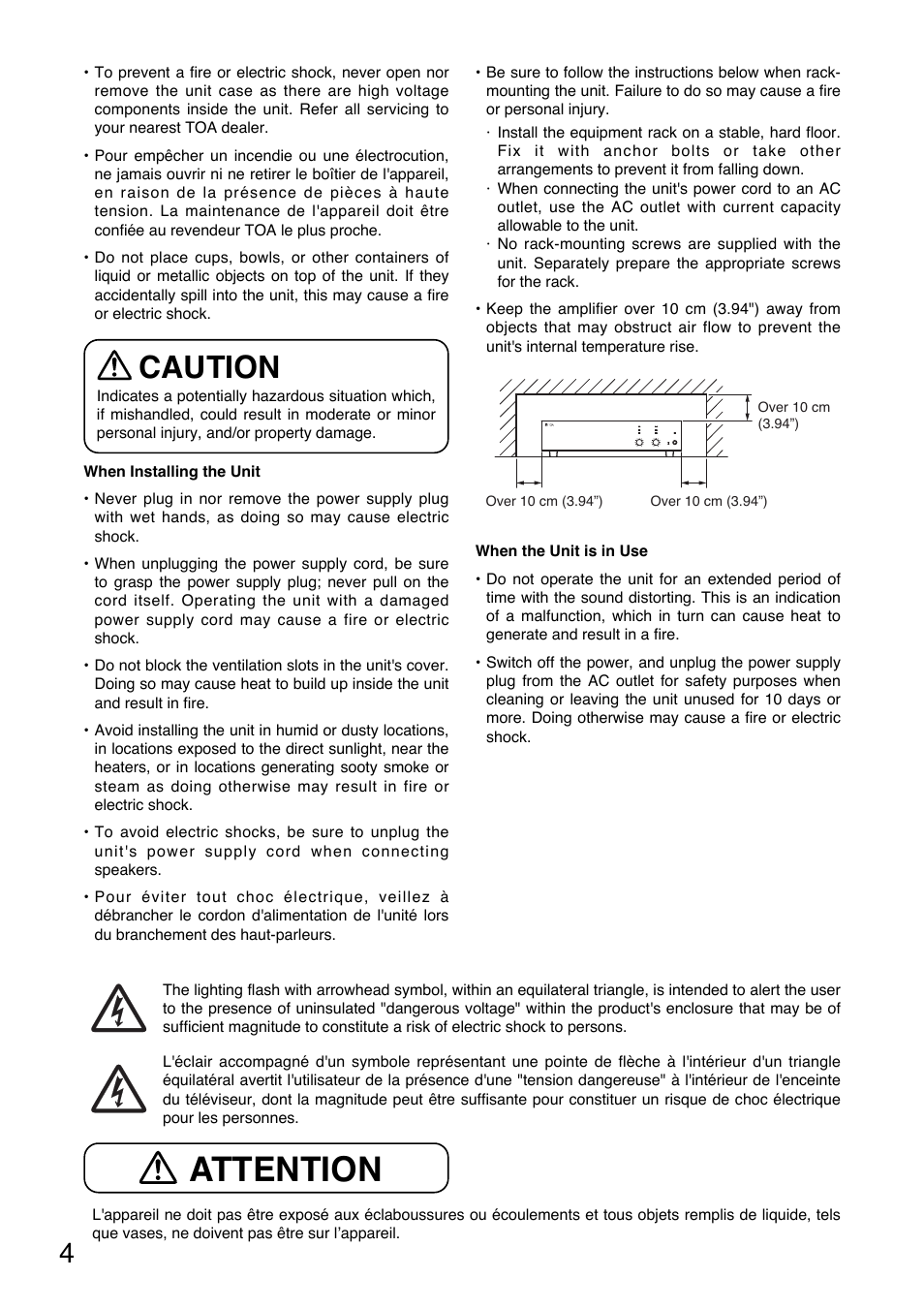 Attention, Caution | Toa P-9120DH User Manual | Page 4 / 16