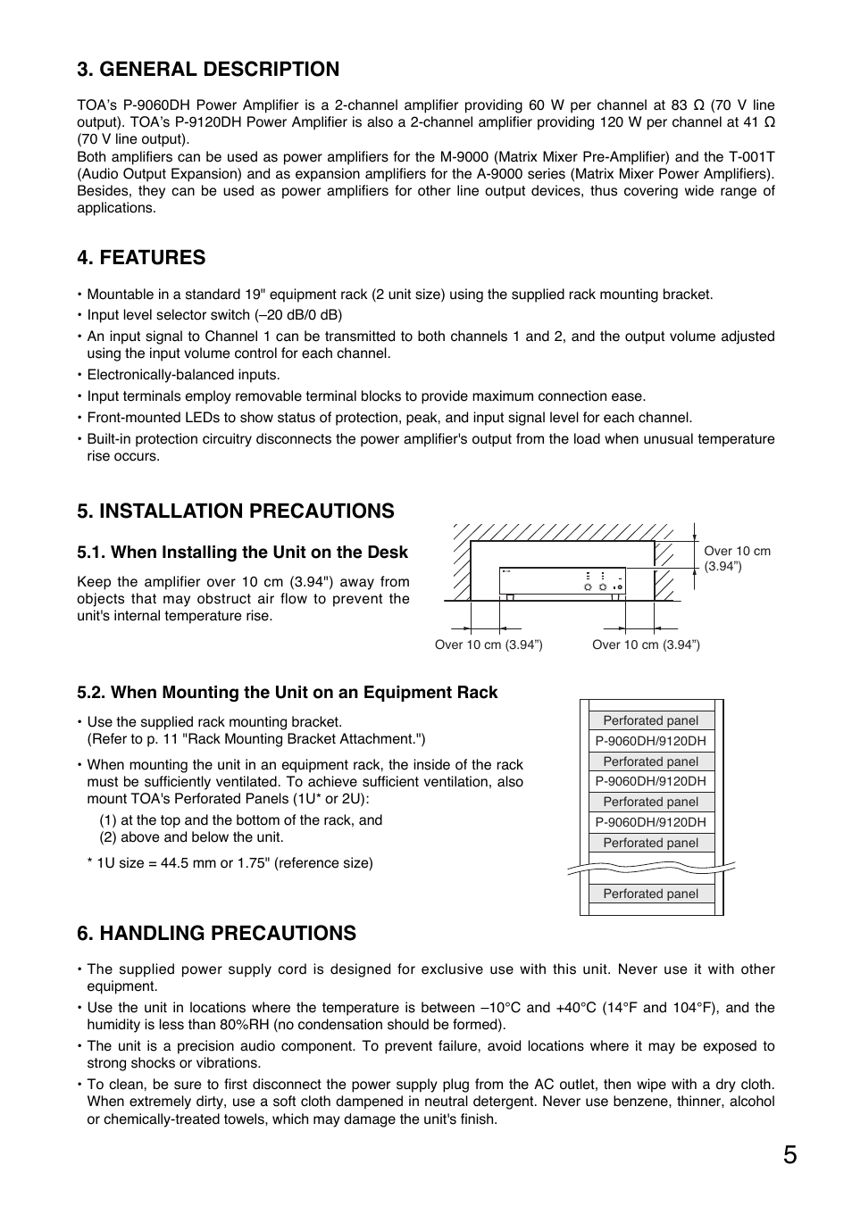 General description, Features, Installation precautions | Handling precautions | Toa P-9120DH User Manual | Page 5 / 16