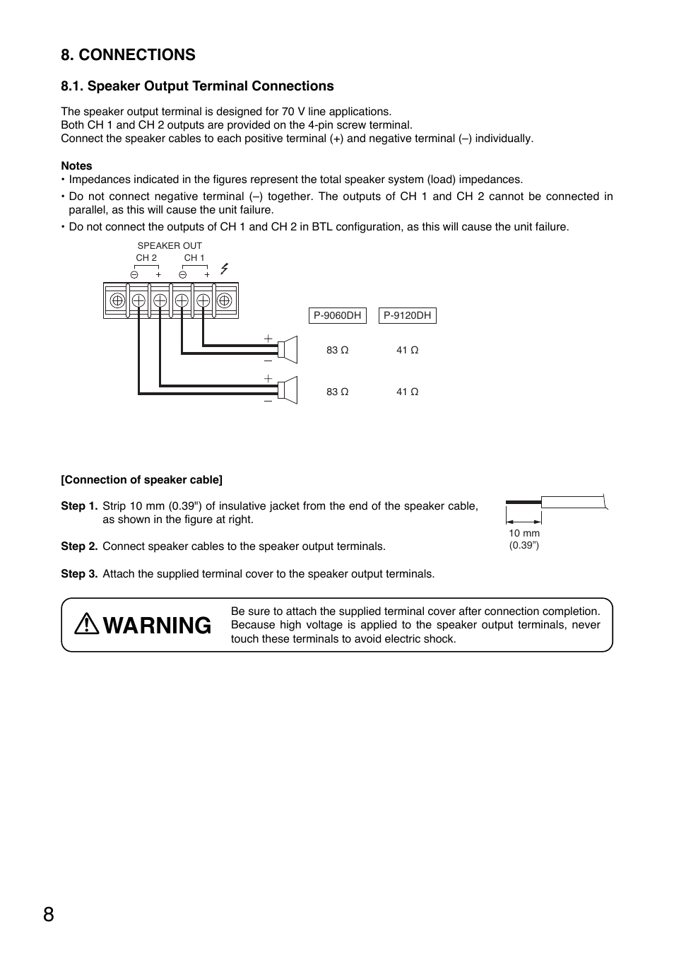 Warning, Connections | Toa P-9120DH User Manual | Page 8 / 16