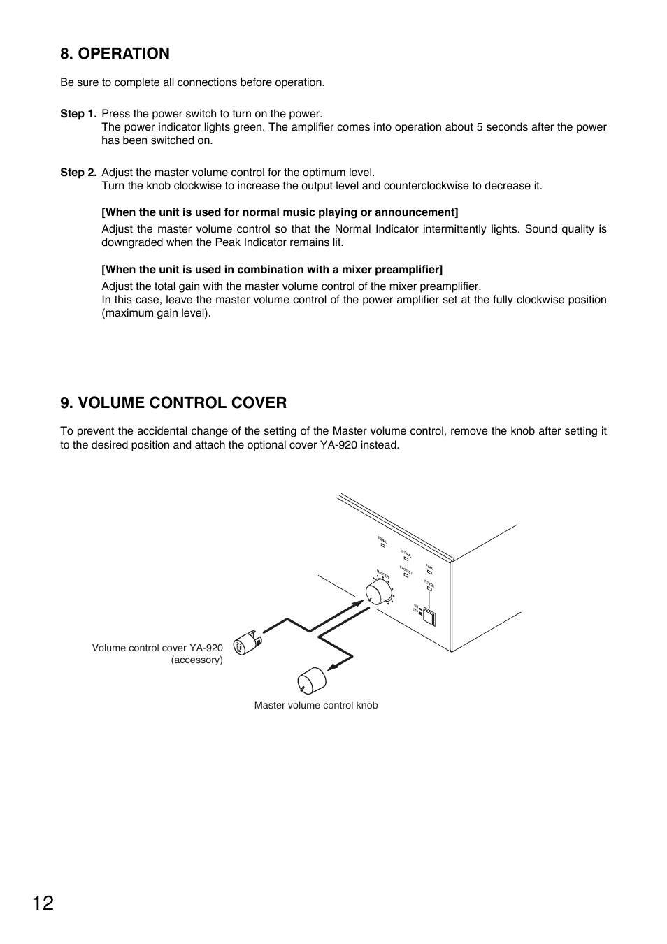 Volume control cover, Operation | Toa P-924MK2 User Manual | Page 12 / 16