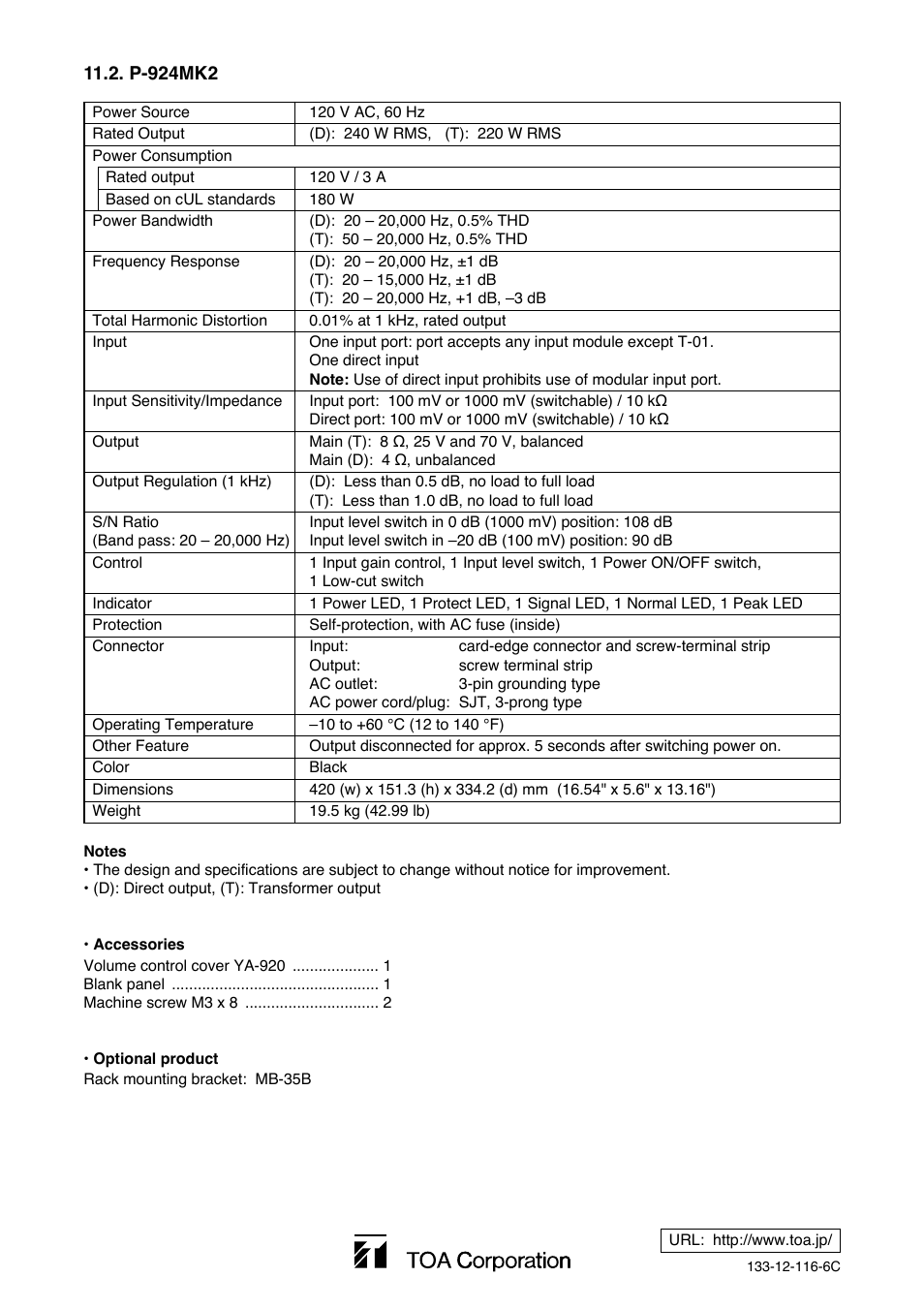 Toa P-924MK2 User Manual | Page 16 / 16