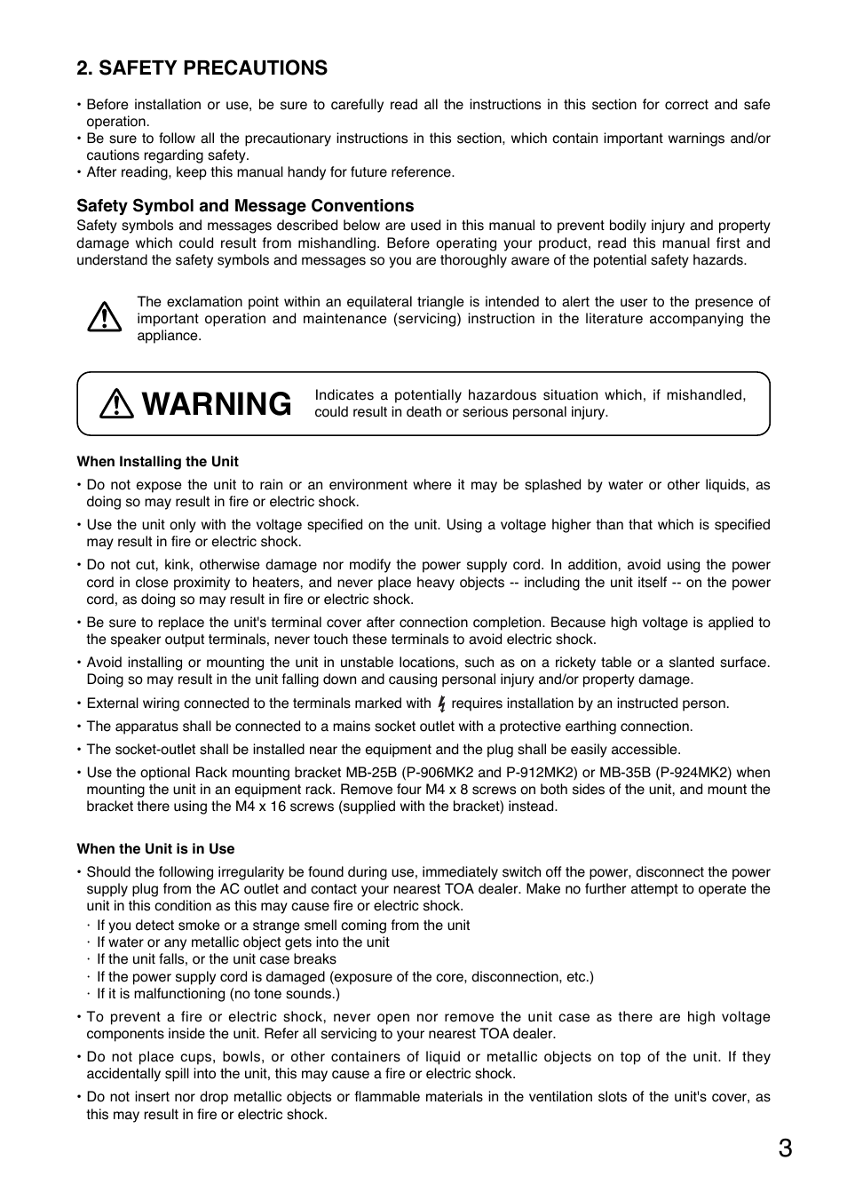 Warning, Safety precautions | Toa P-924MK2 User Manual | Page 3 / 16
