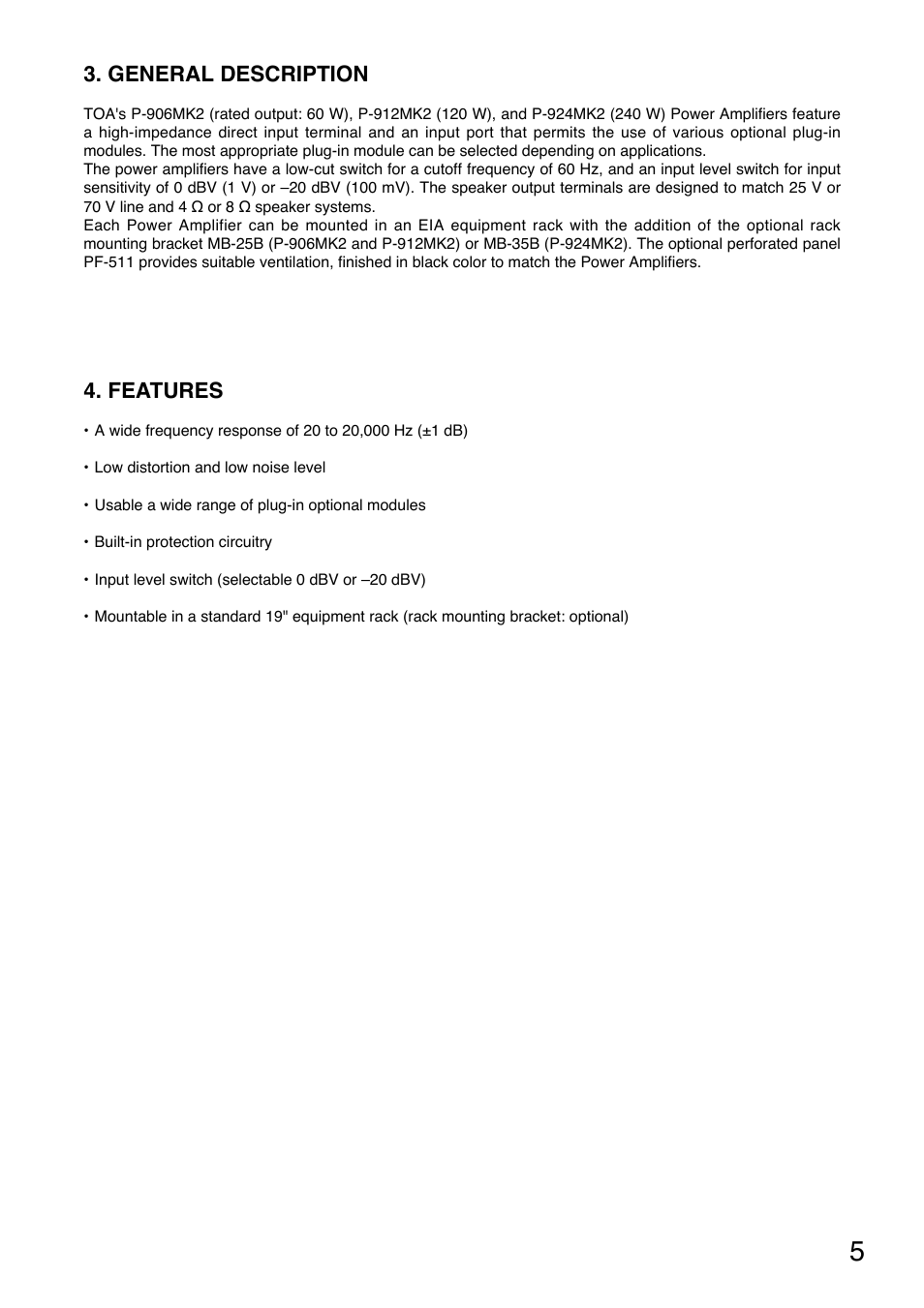 General description, Features | Toa P-924MK2 User Manual | Page 5 / 16
