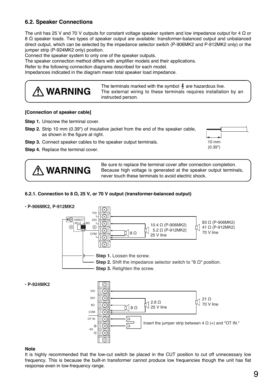 Warning, Speaker connections | Toa P-924MK2 User Manual | Page 9 / 16