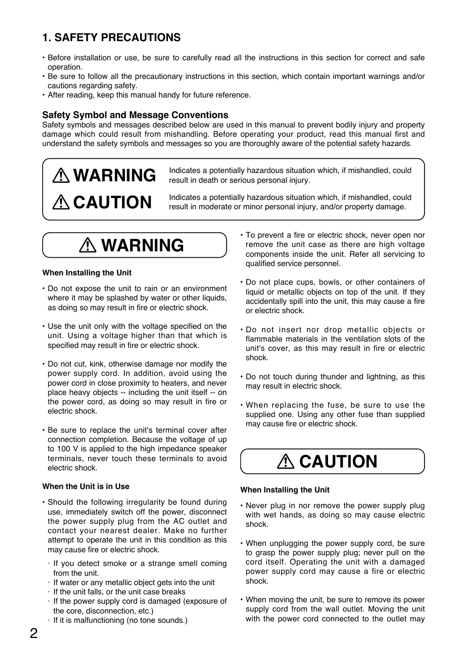 Warning, Warning caution caution, Safety precautions | Toa PA-3640VB User Manual | Page 2 / 8