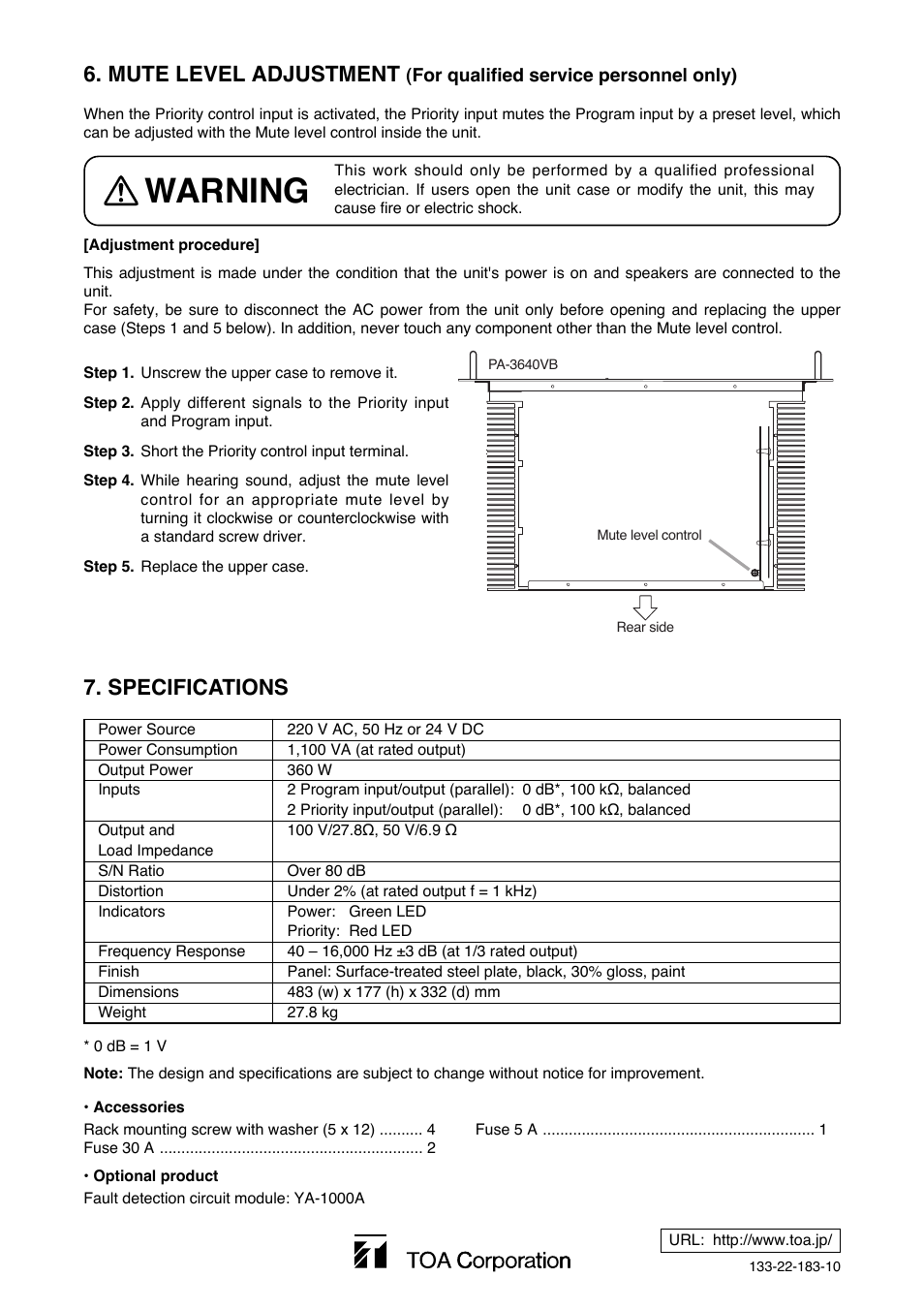 Warning, Specifications, Mute level adjustment | Toa PA-3640VB User Manual | Page 8 / 8