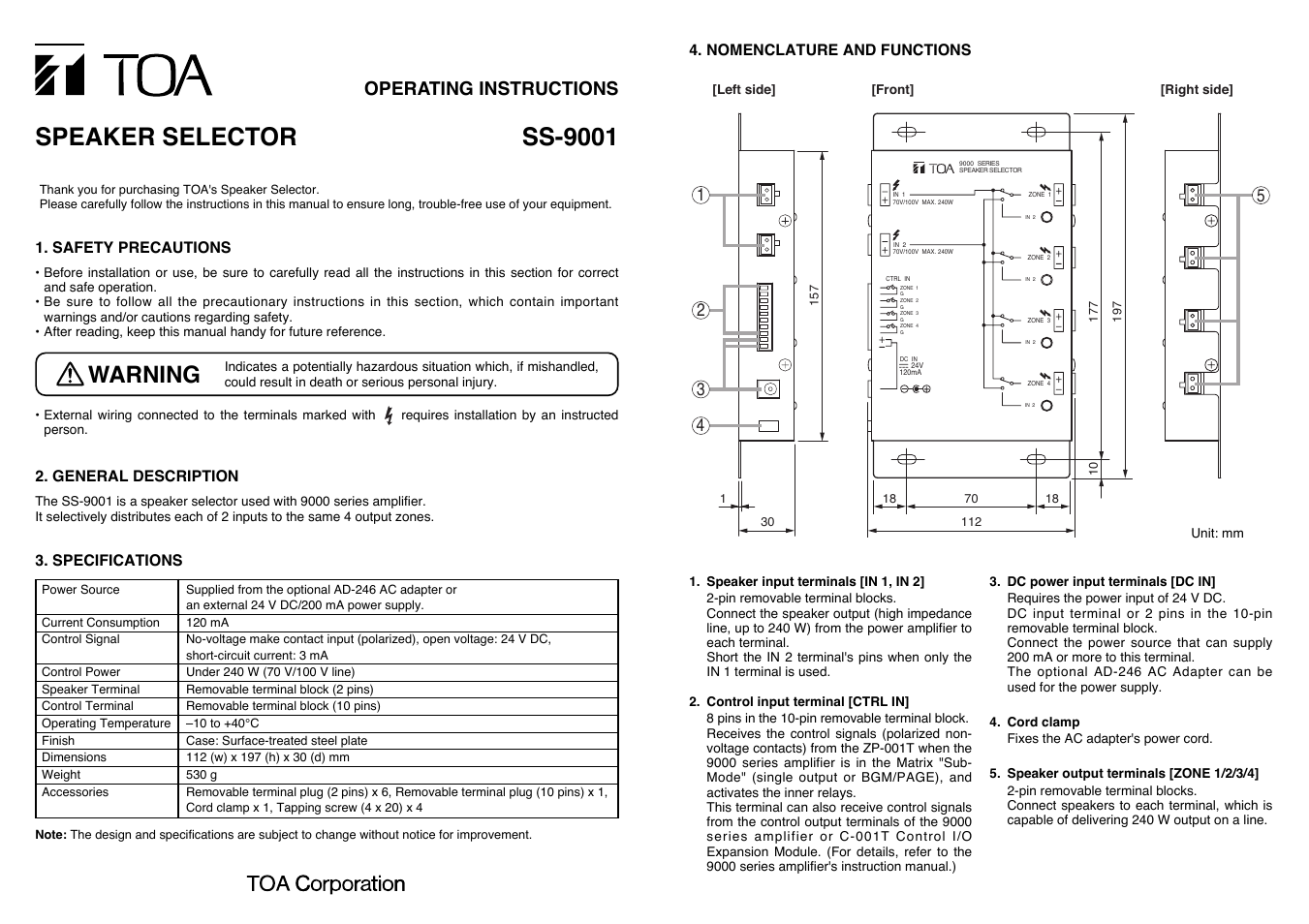 Toa SS-9001 User Manual | 2 pages