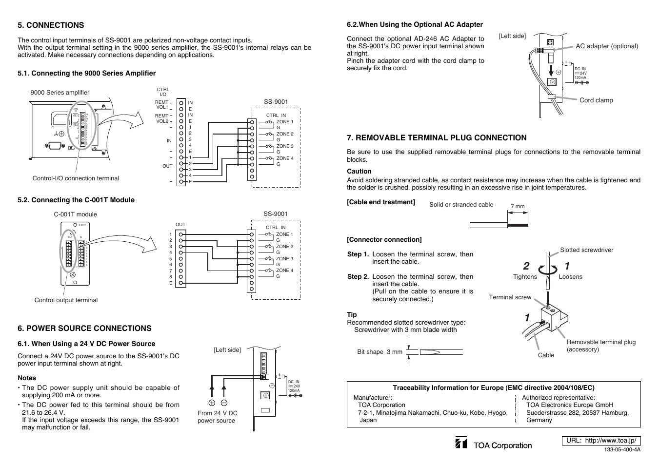 Power source connections, Connections, Removable terminal plug connection | Toa SS-9001 User Manual | Page 2 / 2