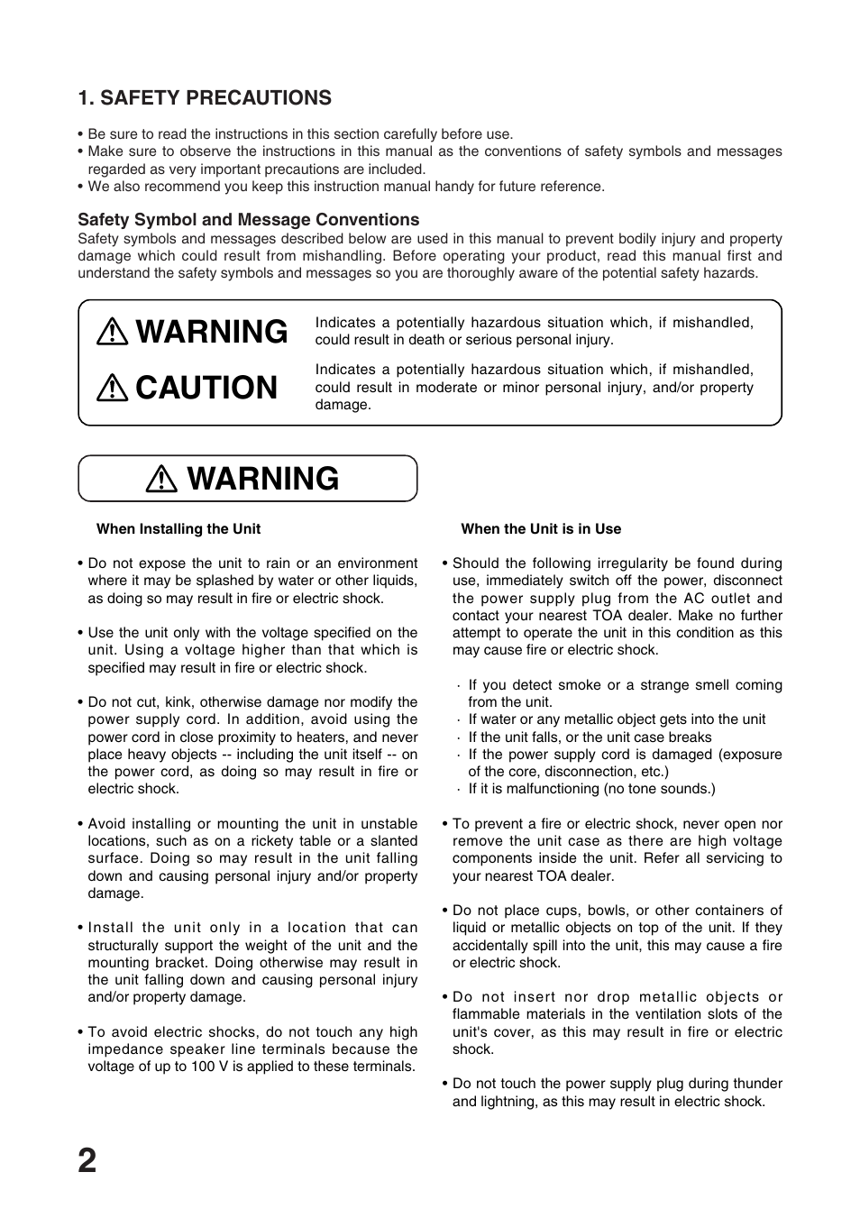 Warning, Warning caution, Safety precautions | Toa TA-102 User Manual | Page 2 / 8