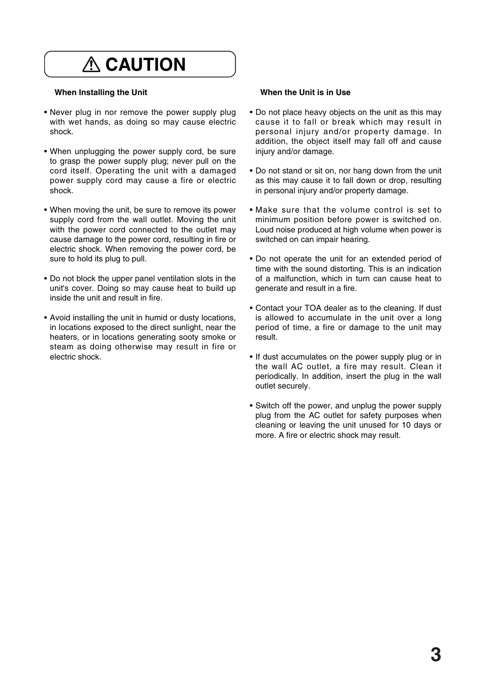 Caution | Toa TA-102 User Manual | Page 3 / 8