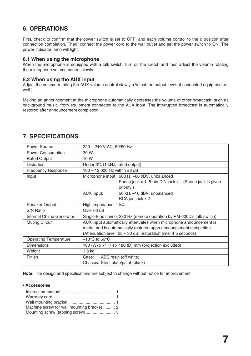 Operations, Specifications | Toa TA-102 User Manual | Page 7 / 8