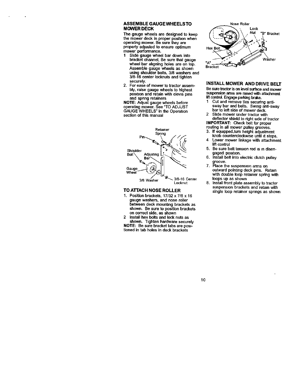 Assemble gauge wheelsto mower deck, To attach nose roller, Install mower and drive belt | Craftsman 917.272230 User Manual | Page 10 / 64