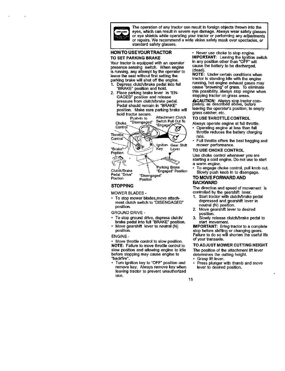 Howto useyourtractor, Stopping, To move forward and backward | Craftsman 917.272230 User Manual | Page 15 / 64