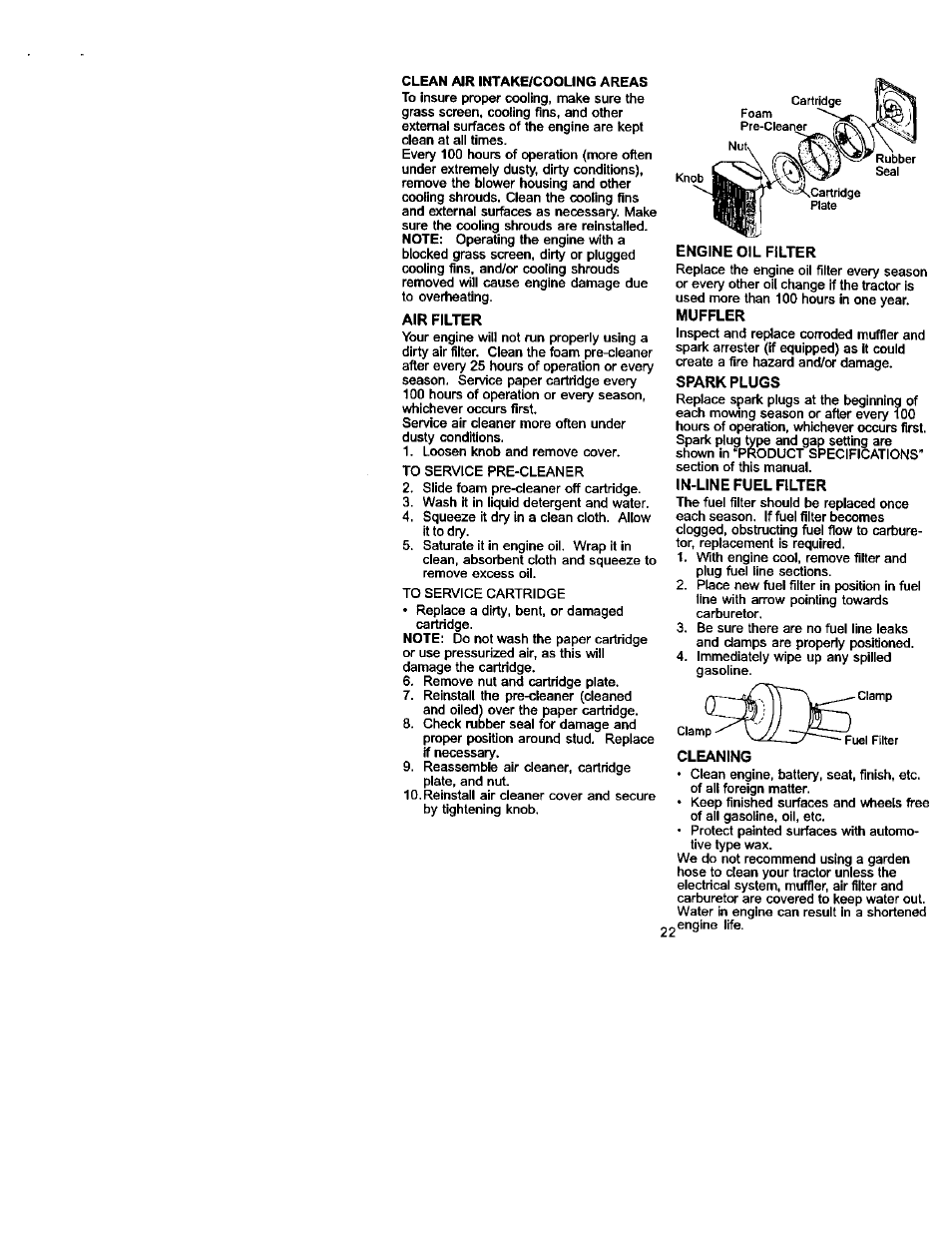Air filter, Engine oil filter, Spark plugs | In-line fuel filter, Cleaning | Craftsman 917.272230 User Manual | Page 22 / 64