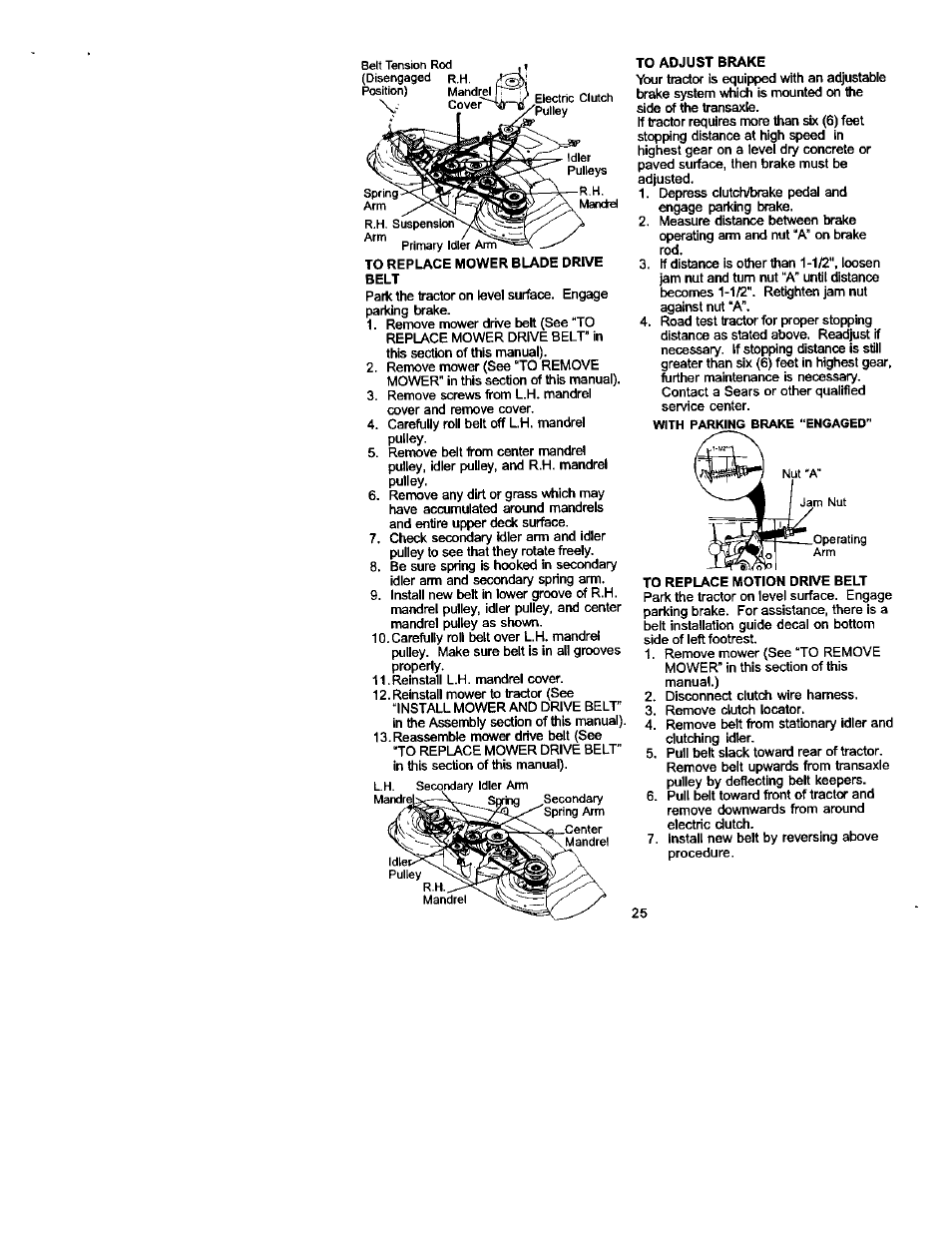 To replace mower blade drive, Belt, To adjust brake | To replace motion drive belt | Craftsman 917.272230 User Manual | Page 25 / 64