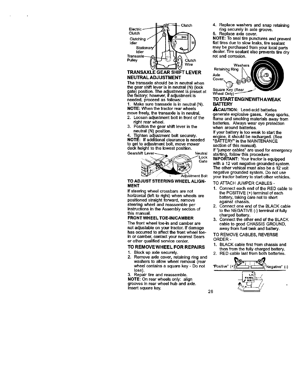 Transaxle gear shift lever neutral adj ustment, To remove wheel for repairs, To startenginewithaweak battery | Craftsman 917.272230 User Manual | Page 26 / 64