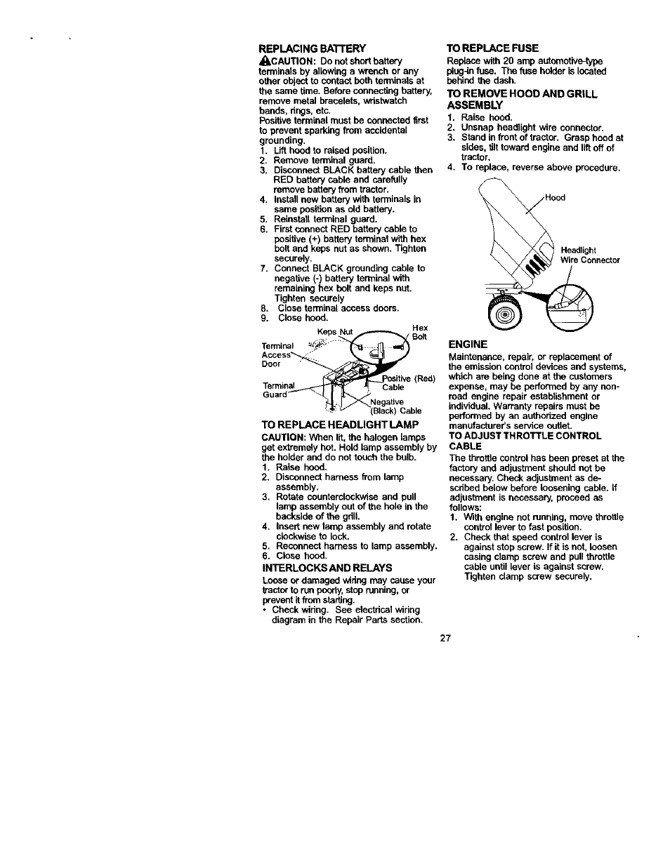 To replace fuse, To remove hood and grill assembly, Engine | Craftsman 917.272230 User Manual | Page 27 / 64