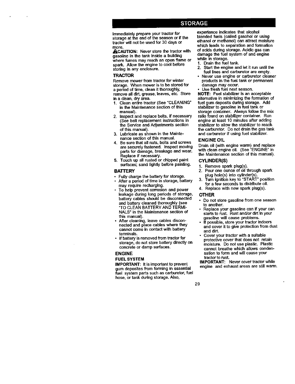 Tractor, Battery, Engine | Engine oil, Cylinder(s), Storage | Craftsman 917.272230 User Manual | Page 29 / 64