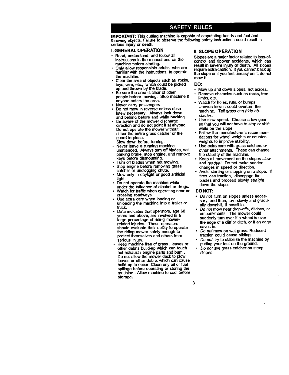 I. general operation, Ii. slope operation, Do not | Safety rules | Craftsman 917.272230 User Manual | Page 3 / 64