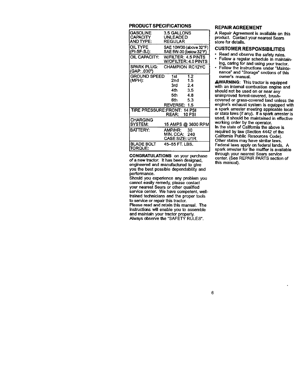 Product specifications, Repair agreement, Customer responsibilities | Craftsman 917.272230 User Manual | Page 6 / 64