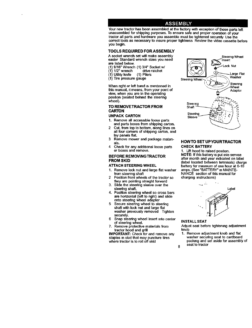 Tools required for assembly, To removetractor from carton, Before removing tractor from skid | Howto set up yourtractor, Assembly | Craftsman 917.272230 User Manual | Page 8 / 64