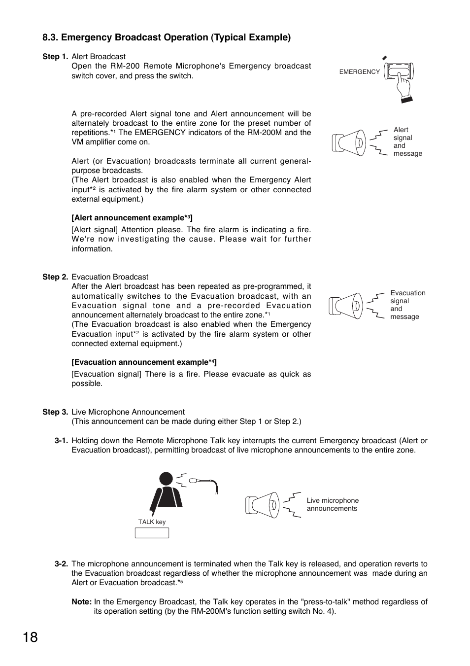Emergency broadcast operation (typical example) | Toa SV-200MA User Manual | Page 18 / 60