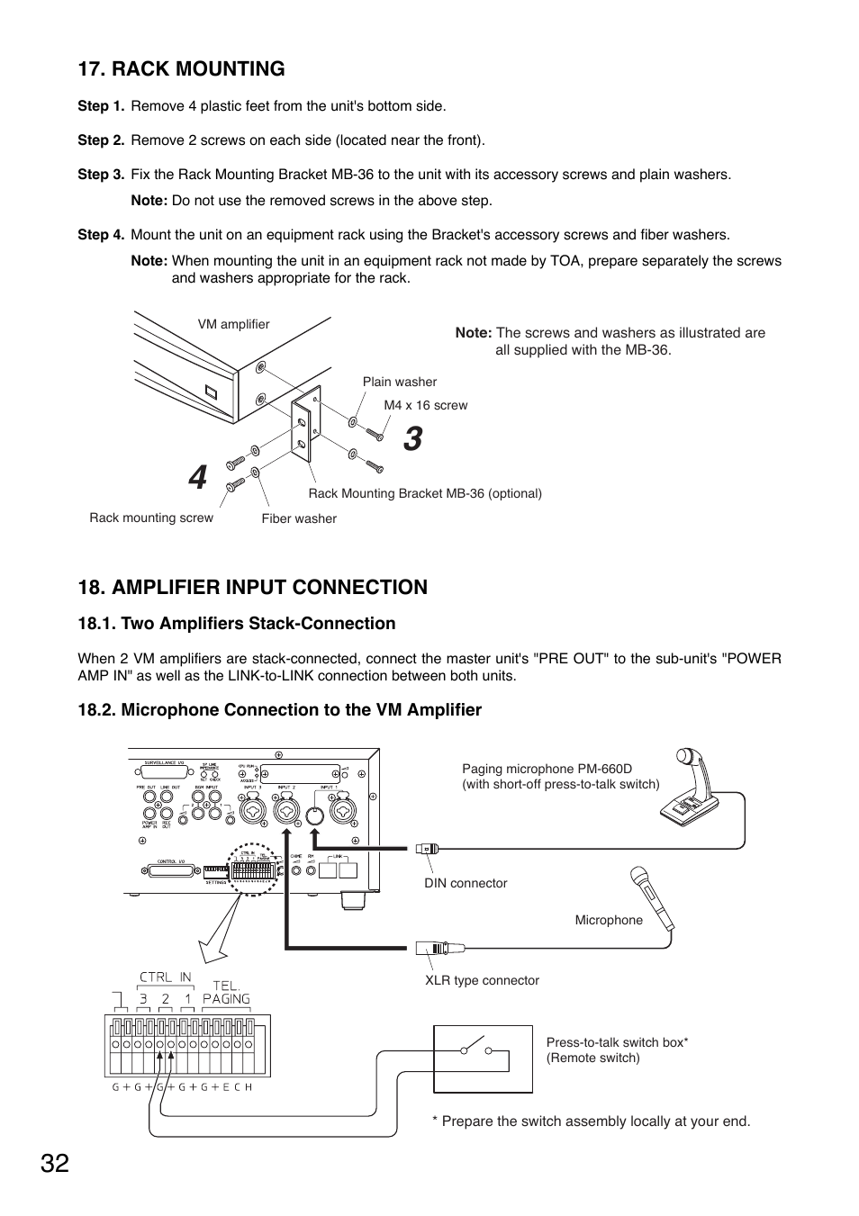 Rack mounting, Amplifier input connection | Toa SV-200MA User Manual | Page 32 / 60