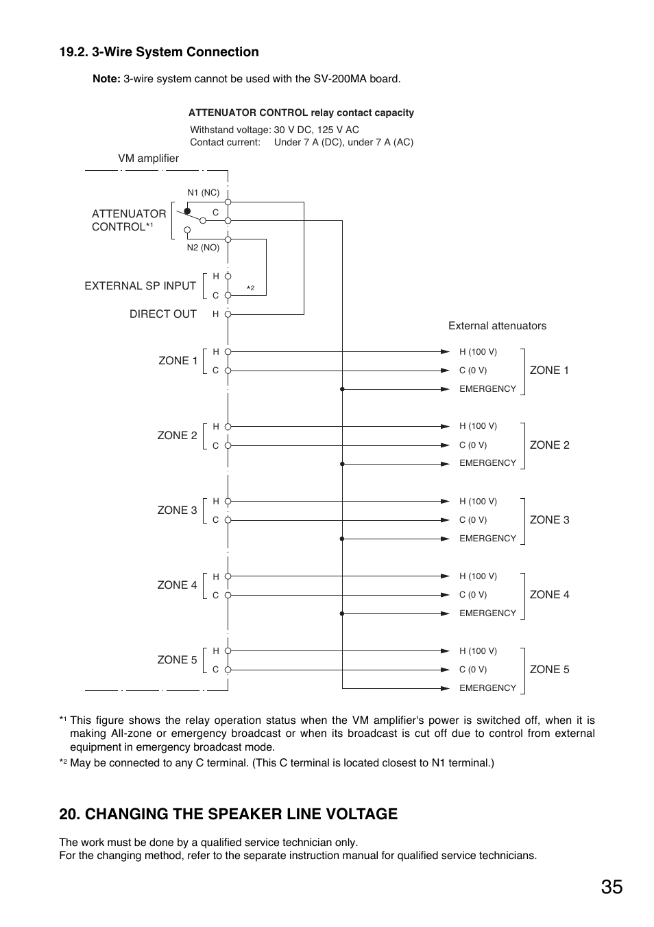 Changing the speaker line voltage, 3-wire system connection | Toa SV-200MA User Manual | Page 35 / 60