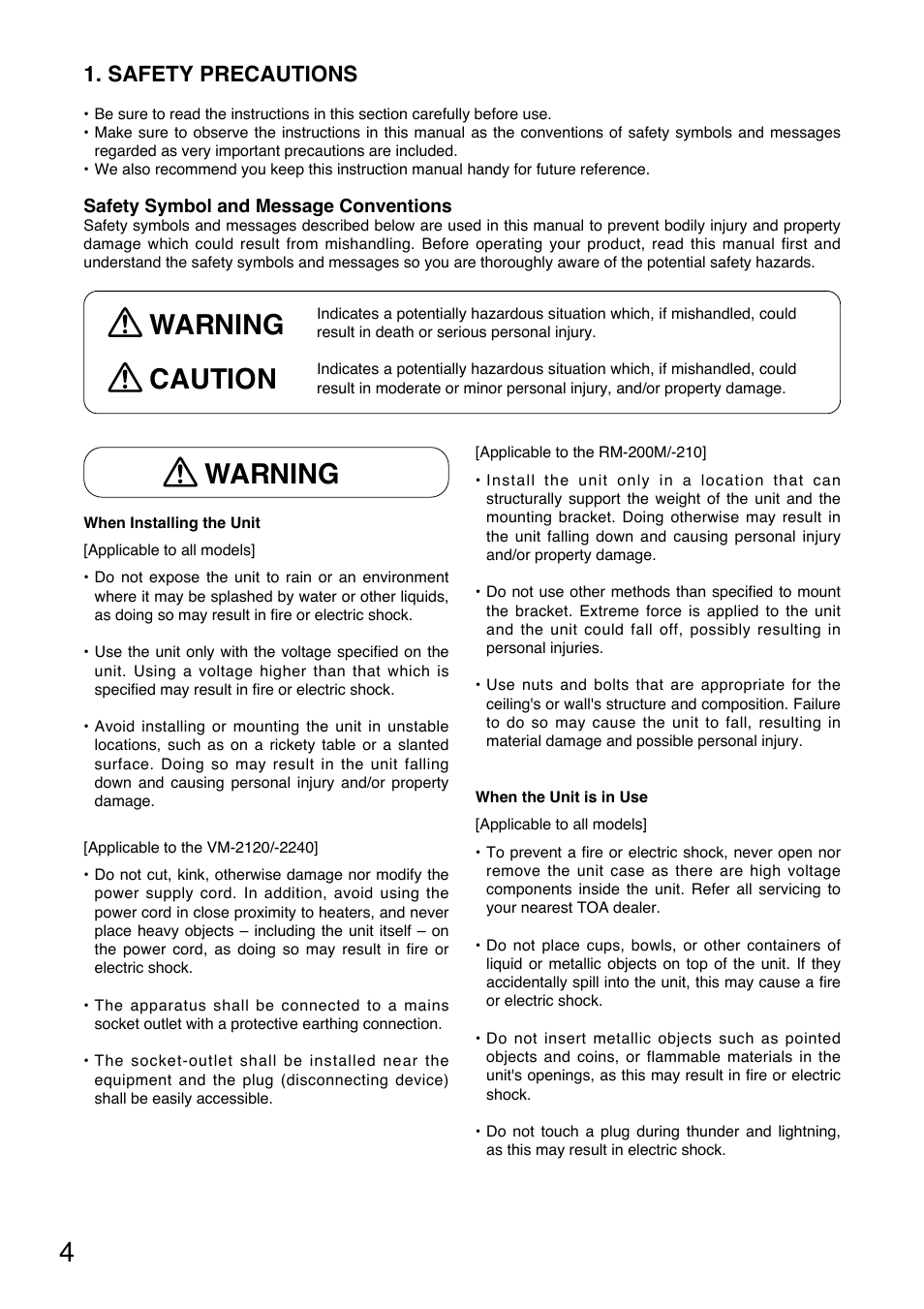 Warning caution warning, Safety precautions | Toa SV-200MA User Manual | Page 4 / 60