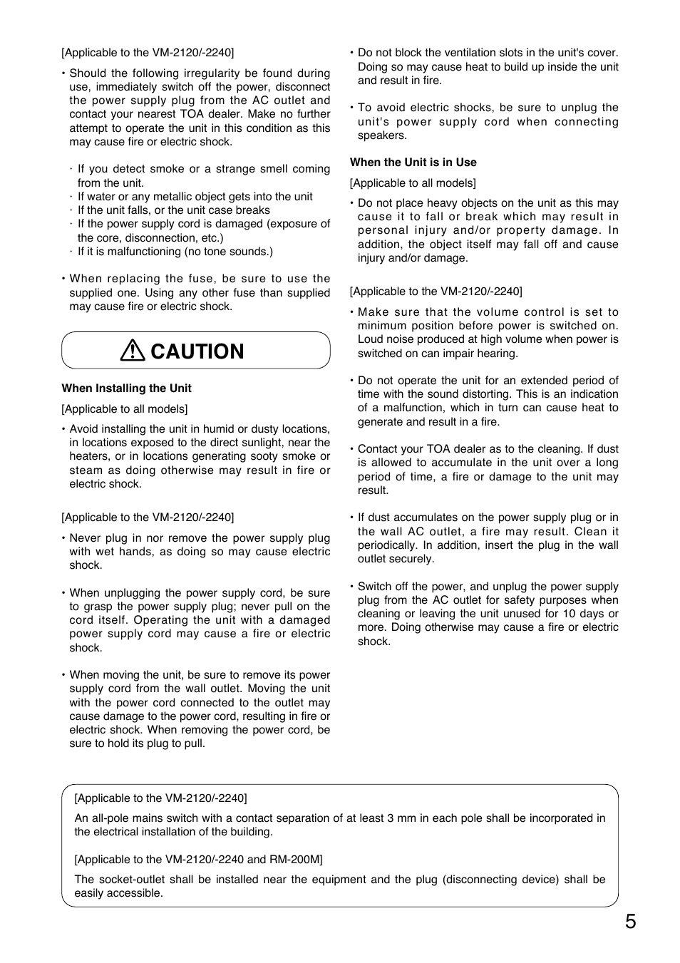 Caution | Toa SV-200MA User Manual | Page 5 / 60