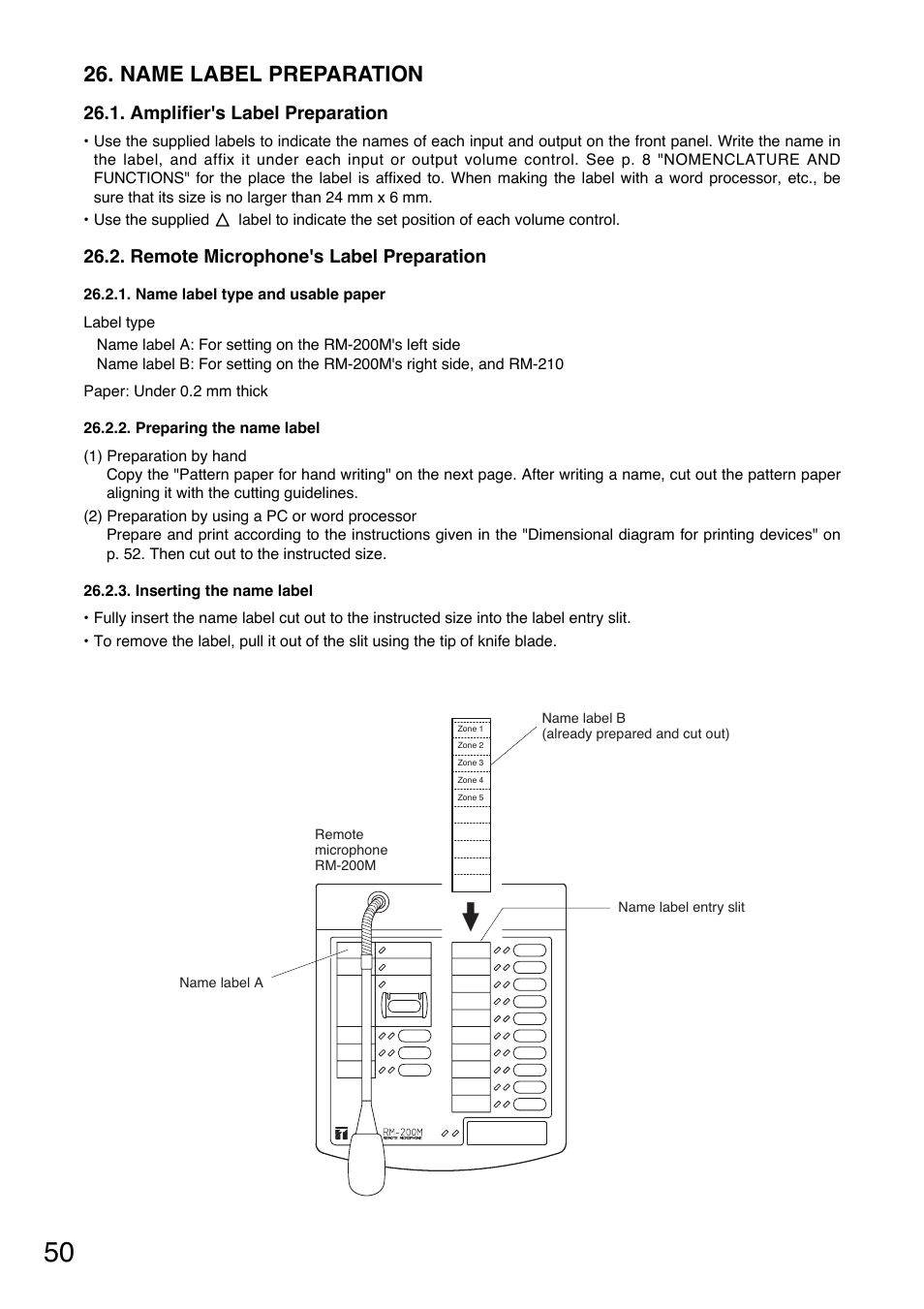Name label preparation, Amplifier's label preparation, Remote microphone's label preparation | Toa SV-200MA User Manual | Page 50 / 60