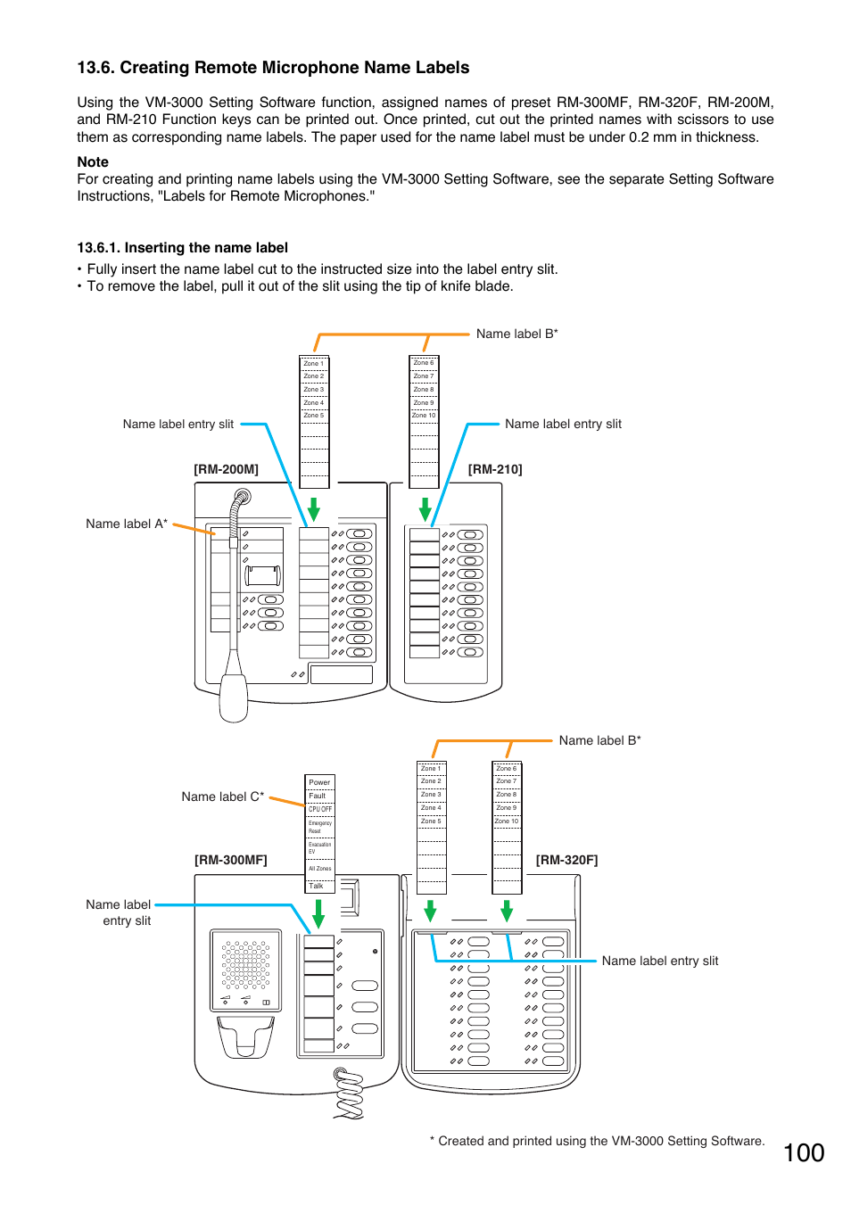 Creating remote microphone name labels, Inserting the name label, Name label entry slit | Toa VM-3000 Series User Manual | Page 100 / 149
