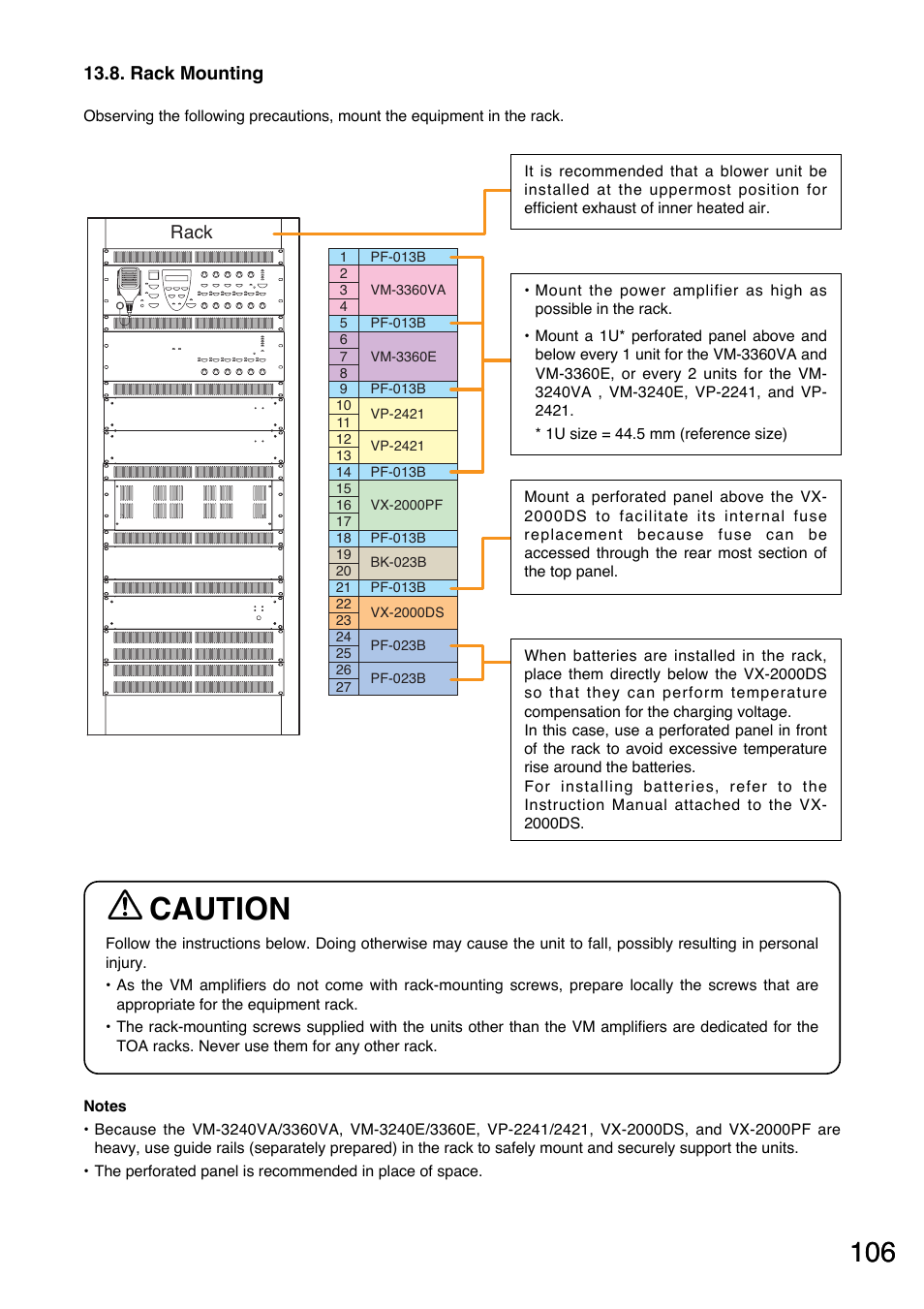 Rack mounting, Caution | Toa VM-3000 Series User Manual | Page 106 / 149