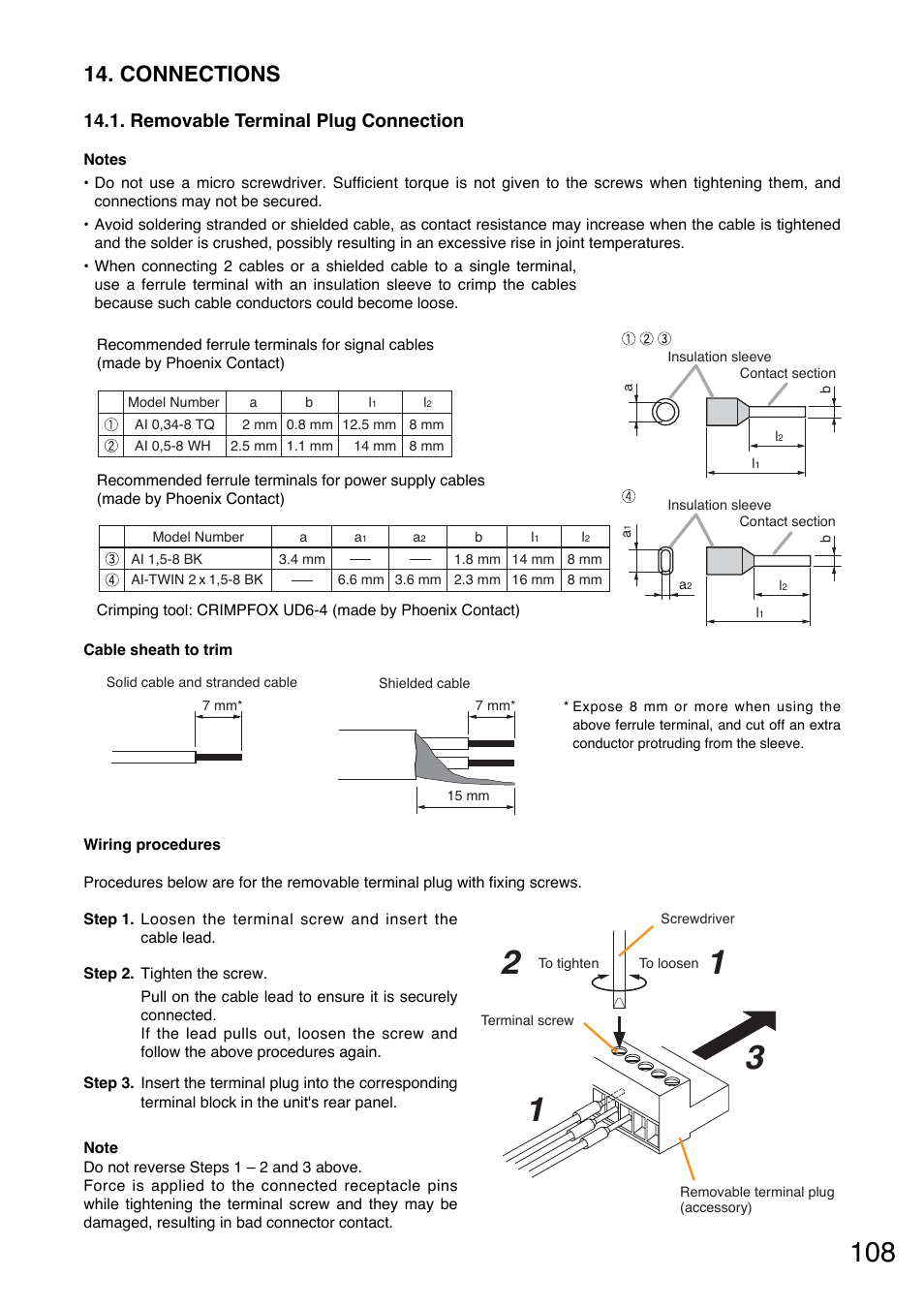 Connections, Removable terminal plug connection | Toa VM-3000 Series User Manual | Page 108 / 149
