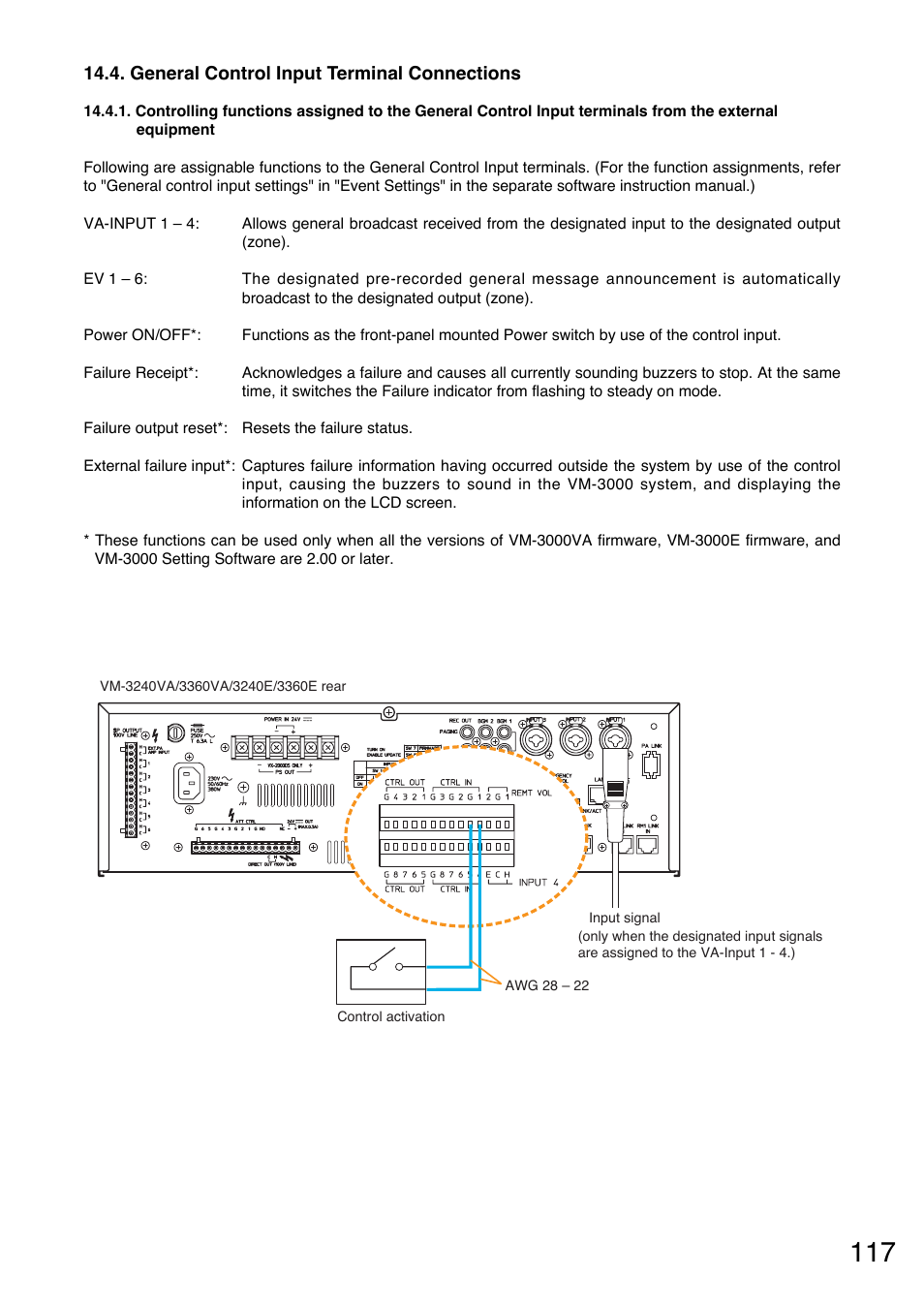 General control input terminal connections, Input terminals from the external equipment | Toa VM-3000 Series User Manual | Page 117 / 149