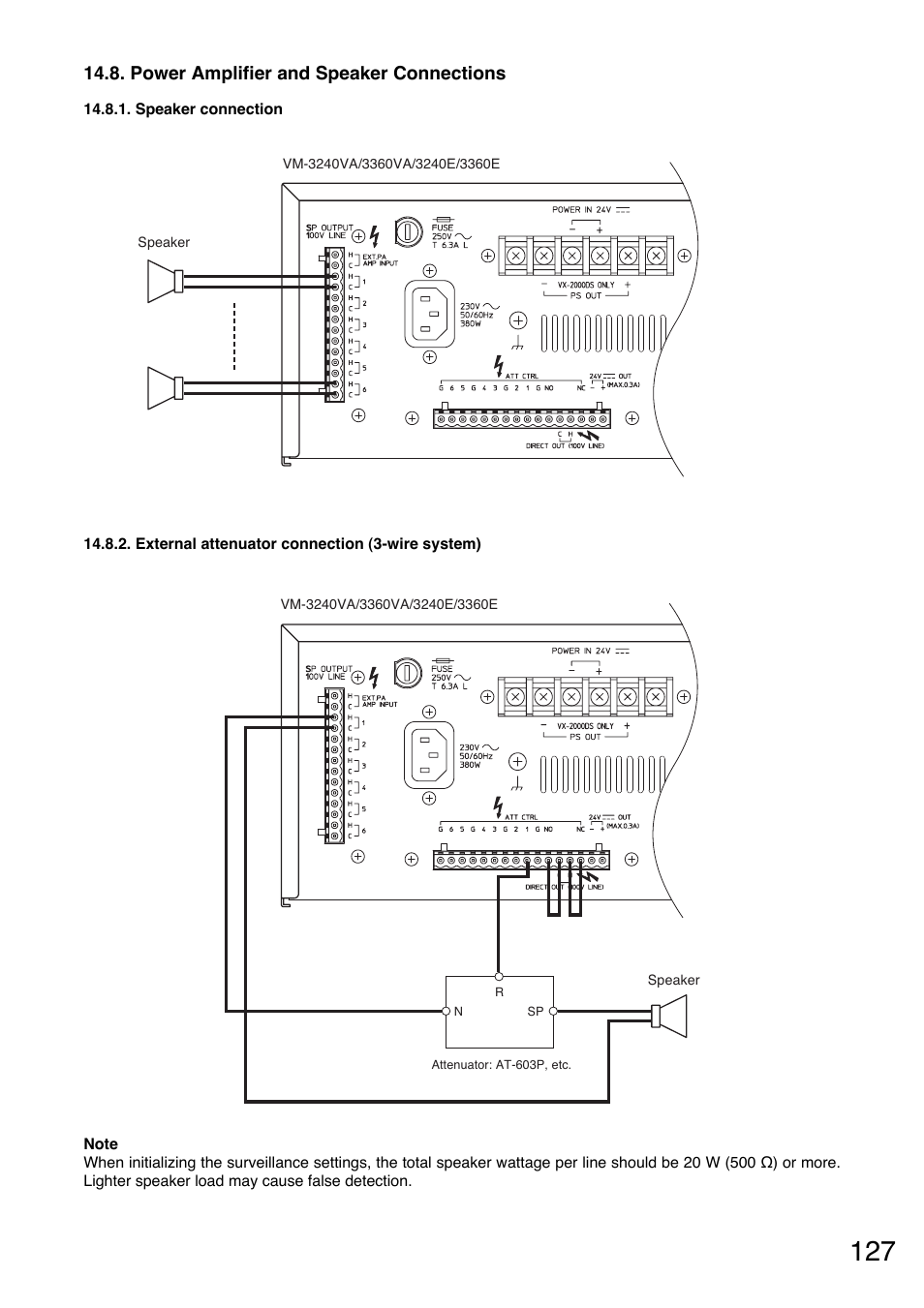 Power amplifier and speaker connections, Speaker connection, External attenuator connection (3-wire system) | Toa VM-3000 Series User Manual | Page 127 / 149