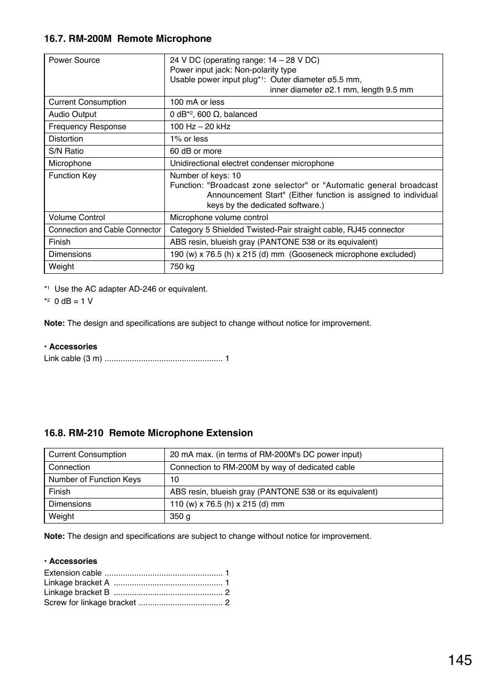 Rm-200m remote microphone, Rm-210 remote microphone extension | Toa VM-3000 Series User Manual | Page 145 / 149