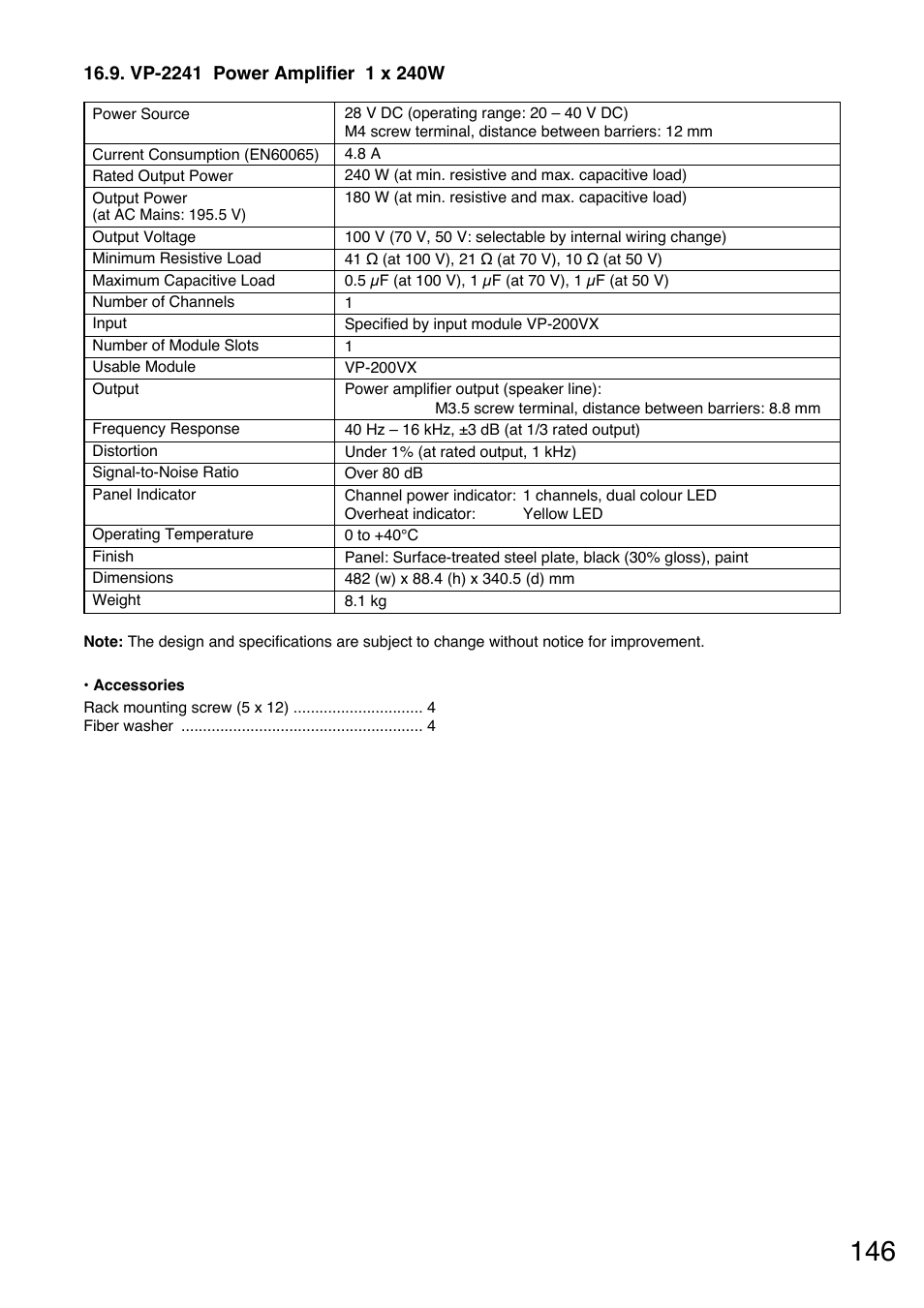 Vp-2241 power amplifier 1 x 240 w | Toa VM-3000 Series User Manual | Page 146 / 149