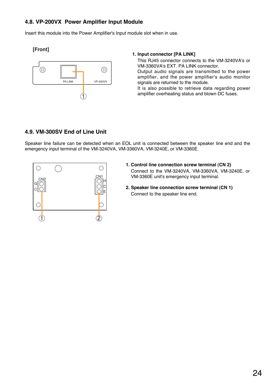 Vp-200vx power amplifier input module, Vm-300sv end of line unit | Toa VM-3000 Series User Manual | Page 24 / 149