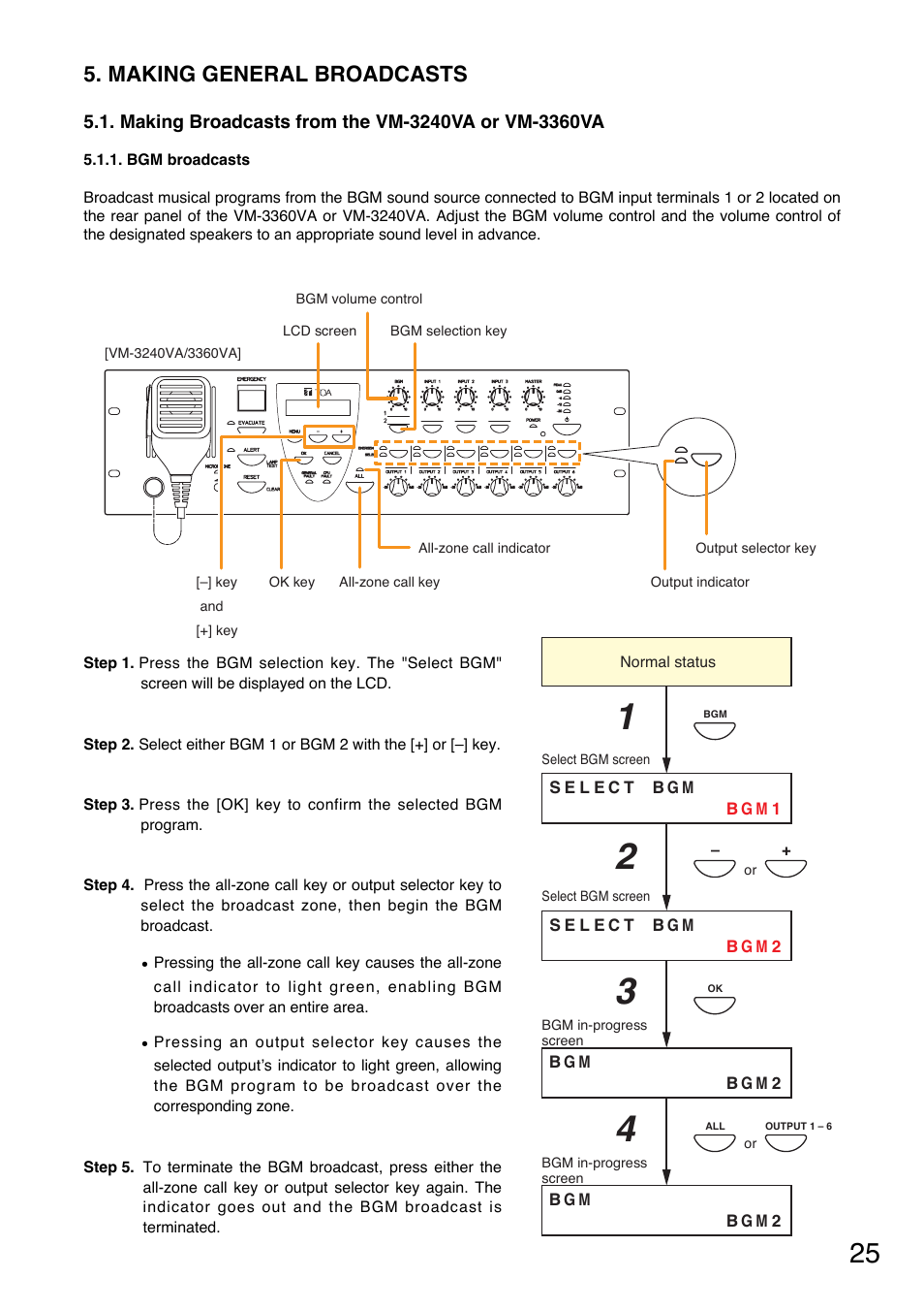 Making general broadcasts, Making broadcasts from the vm-3240va or vm-3360va, Bgm broadcasts | Toa VM-3000 Series User Manual | Page 25 / 149