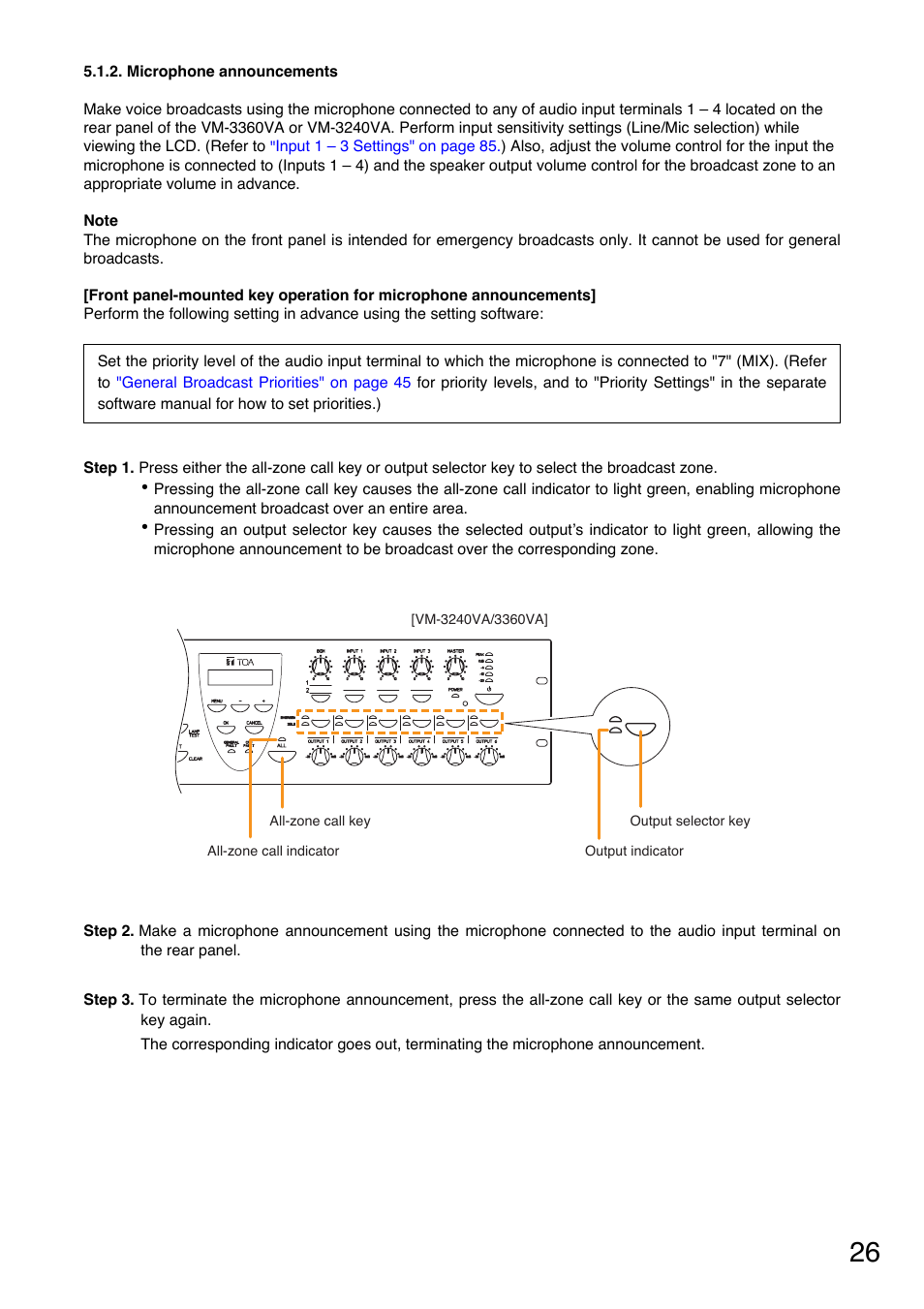 Microphone announcements | Toa VM-3000 Series User Manual | Page 26 / 149