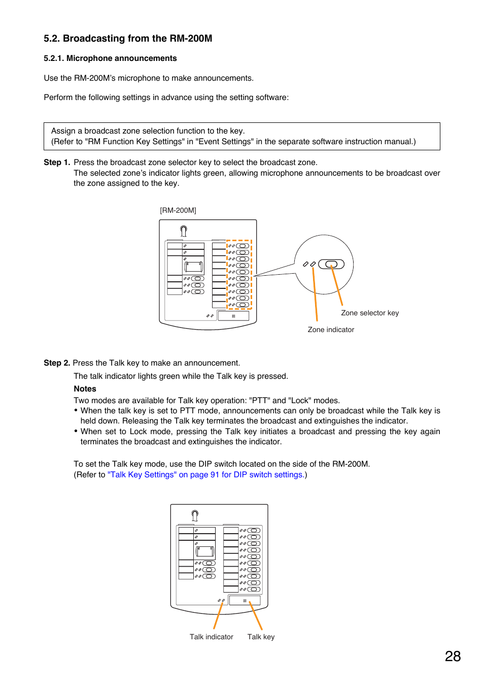 Broadcasting from the rm-200m, Microphone announcements | Toa VM-3000 Series User Manual | Page 28 / 149