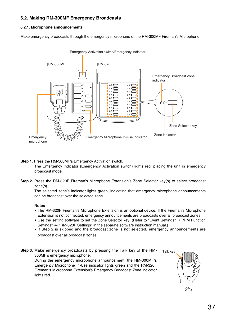 Making rm-300mf emergency broadcasts, Microphone announcements | Toa VM-3000 Series User Manual | Page 37 / 149