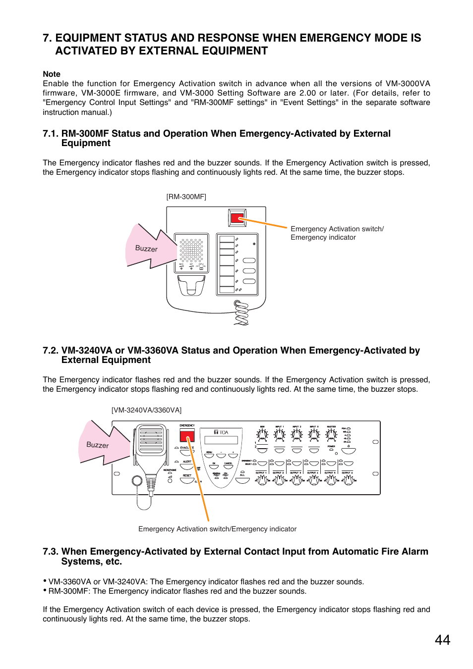 Equipment status and response when emergency mode, Is activated by external equipment, By external equipment | Vm-3240va or vm-3360va status and operation, When emergency-activated by external equipment, When emergency-activated by external contact input, From automatic fire alarm systems, etc | Toa VM-3000 Series User Manual | Page 44 / 149