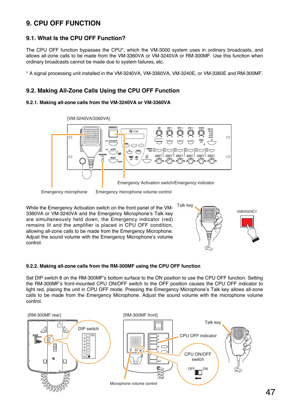 Cpu off function, What is the cpu off function, Making all-zone calls using the cpu off function | Making all-zone calls from the rm-300mf, Using the cpu off function | Toa VM-3000 Series User Manual | Page 47 / 149